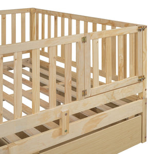 English Elm Full Size Pinewood Kids Daybed with Fence Rails Split Floor Bed and Storage Drawers Natural LP100882AAN