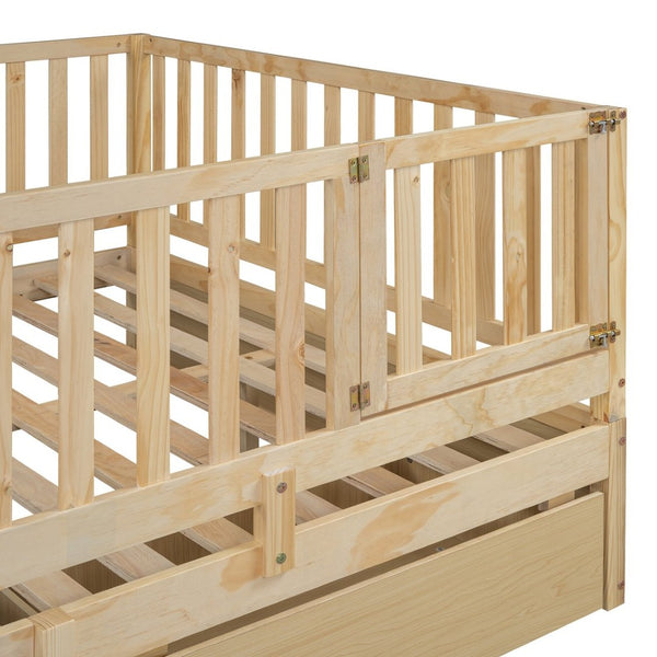 English Elm Full Size Pinewood Kids Daybed with Fence Rails Split Floor Bed and Storage Drawers Natural LP100882AAN