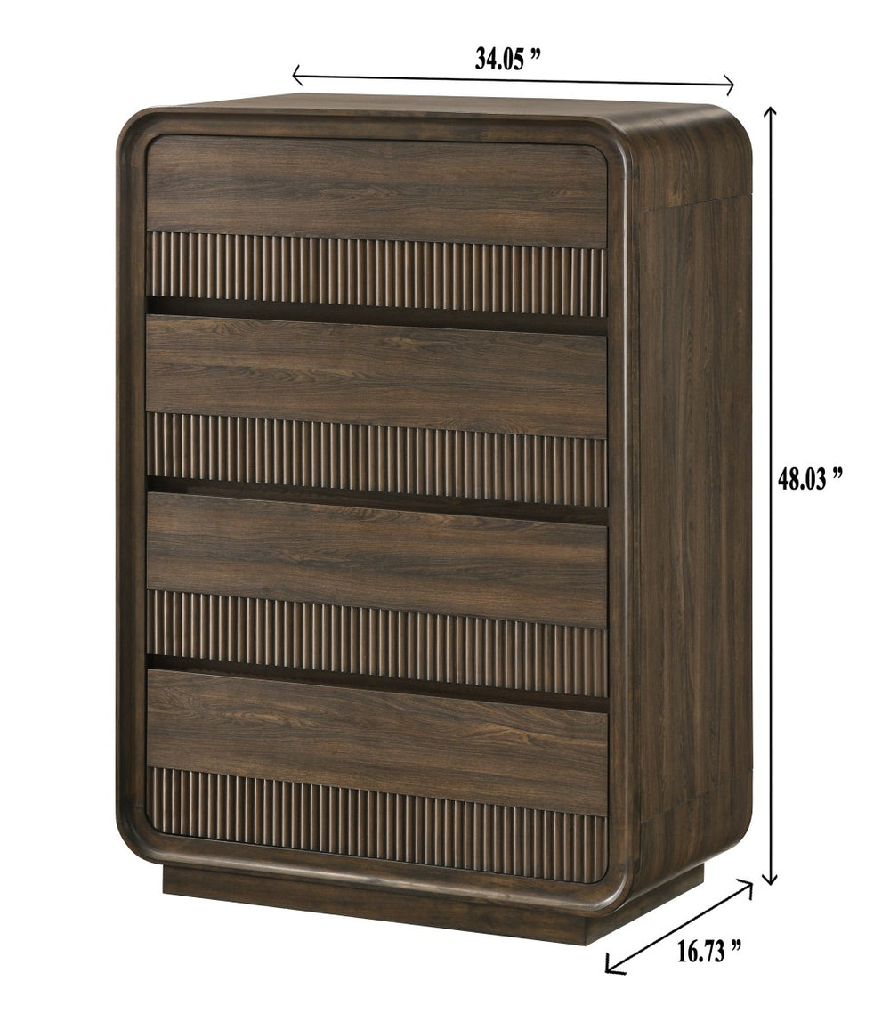 English Elm Mid-century Five Drawer Chest with Fluted Fronts and Dark Wood Grain Bedroom Storage B2741P457653