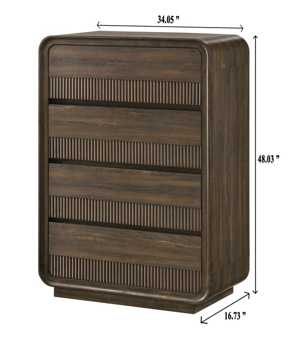 English Elm Mid-century Five Drawer Chest with Fluted Fronts and Dark Wood Grain Bedroom Storage B2741P457653
