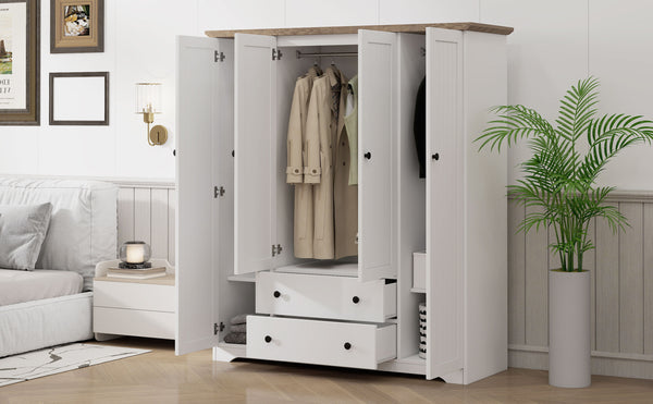 English Elm 4 Door Wardrobe Armoire Closet with 2 Drawers Rustic Pine & MDF Storage Cabinet with Shelves and Hanging Space White N7090001842K