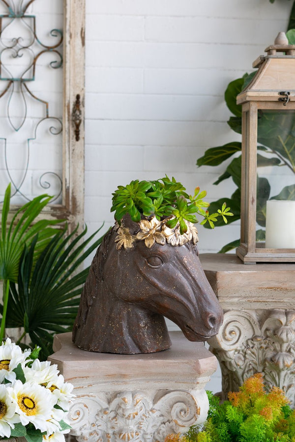English Elm 14.5x8.5x13.5" Magnesium Horse Statue Planter with Textured Brown Finish, Gold Leaf Crown, Indoor/Outdoor Durable Decor W2078P335759