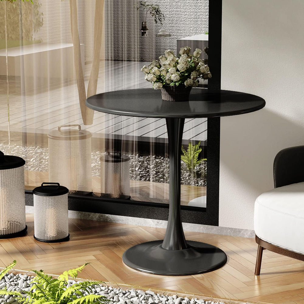 English Elm Modern Round Dining Table Black, 31.5" MDF Top with Cylindrical Metal Base, Compact Durable Design W2641P238037