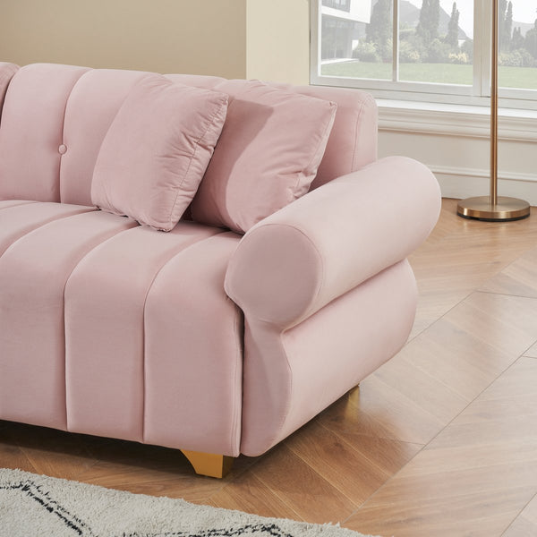 English Elm 89-inch velvet 3-seater sofa with spring cushions, gold metal legs, washable pillowcases, 500lb capacity Pink W1658S00152