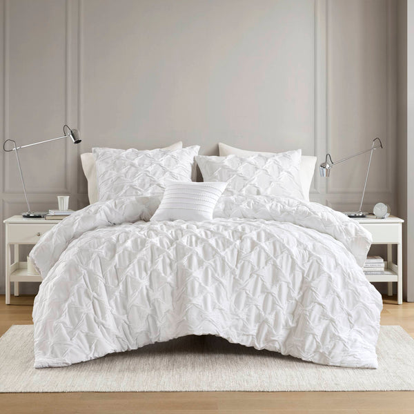 JLA Home Comfort Spaces - Diamond Diamond Pucker Woven Comforter Set with Ruched Ogee Pleat, Crinkle Texture, OEKO-TEX Certified Breathable Luxury White AM10-0160
