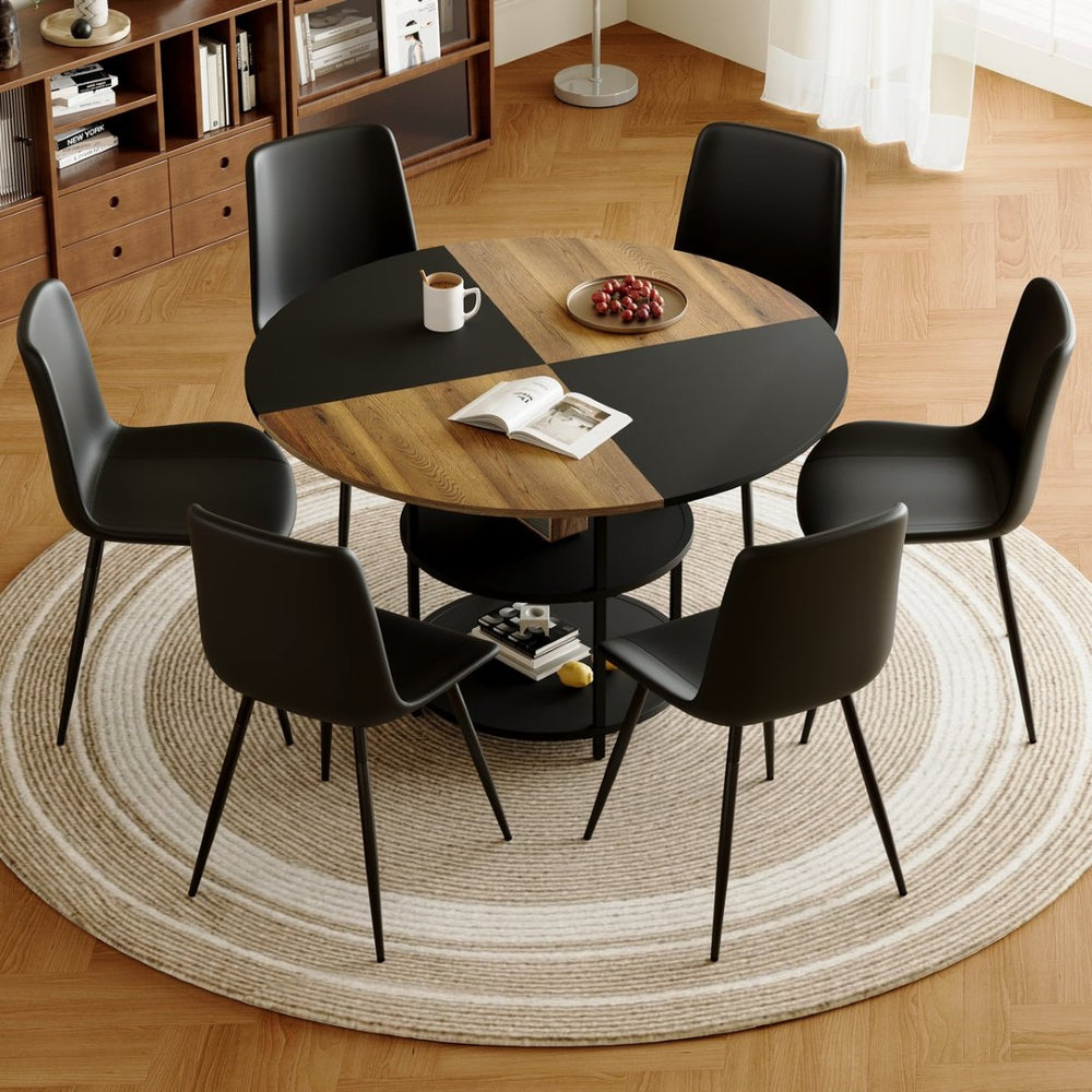 English Elm Table and Chair Set 47 Inch Round Geometric Two-tone Dining with Storage Base W1151S03338