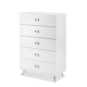 English Elm Elms White Finish Chest with 5 Smooth-Glide Drawers, Silver Ring Pulls & Modern Tapered Legs B2726P255308