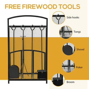 English Elm HOMCOM Black Firewood Rack with 4-Piece Fireplace Tool Set, 220lb Capacity Indoor/Outdoor Log Holder W2225P229413
