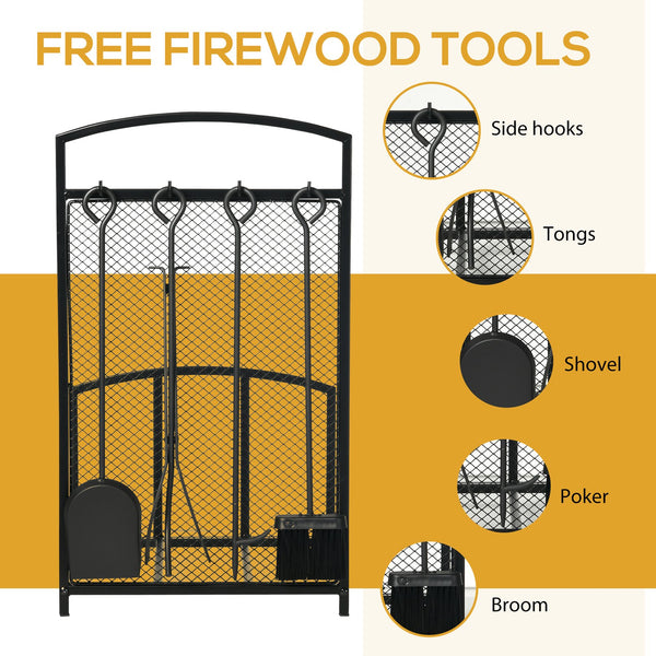 English Elm HOMCOM Black Firewood Rack with 4-Piece Fireplace Tool Set, 220lb Capacity Indoor/Outdoor Log Holder W2225P229413