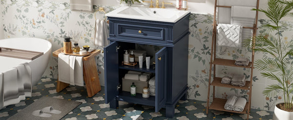 English Elm 24'' Carved Farmhouse Bathroom Vanity with Ceramic Sink Soft Close Storage Cabinet Blue N710P446530C