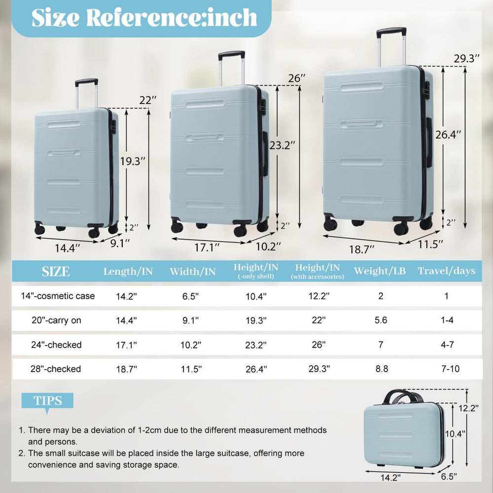 English Elm 6 Piece Hardshell Abs Travel Set with Spinner Wheels Combination Lock and Toiletry Bag Light Blue N732P391465N