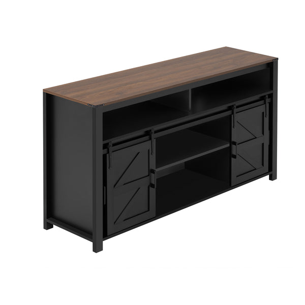 English Elm U_STYLE Farmhouse 59.3" Sideboard with Sliding Barn Doors, Mesh Panels, Open Shelves & Sturdy Top Black N711P347388B