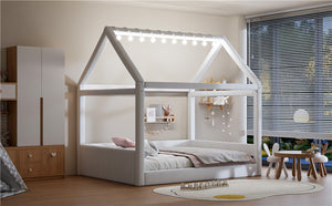 English Elm Full Size Upholstered House Daybed With Led Lighting, Cozy Beige Corduroy For Kids & Guests N7500001335A