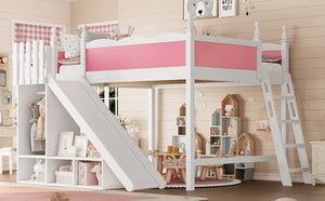 English Elm Queen Solid Pine Loft Bed with Wardrobe Shelves Detachable Slide and Dual Sleeping Zones Pink,White W5305S00026