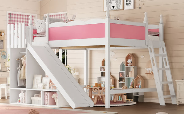 English Elm Queen Solid Pine Loft Bed with Wardrobe Shelves Detachable Slide and Dual Sleeping Zones Pink,White W5305S00026