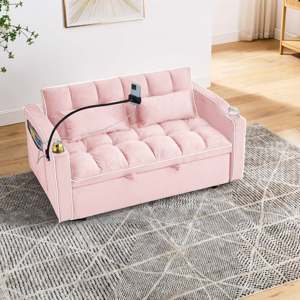 English Elm 55.51 Modern Foldable Velvet Sofa Bed, 3-Length Convertible Loveseat to Full Bed with USB, Swivel Stand, Ashtray (PINK) W2353P263923