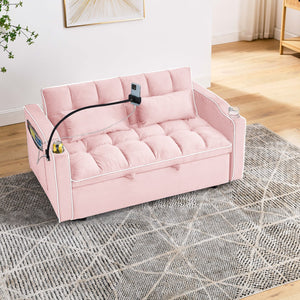 English Elm 55.51 Modern Foldable Velvet Sofa Bed, 3-Length Convertible Loveseat to Full Bed with USB, Swivel Stand, Ashtray (PINK) W2353P263923