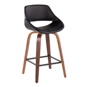 English Elm Fabrico Mid-Century Modern Counter Stool Set Of 2 In Walnut & Black Faux Leather With 360° Swivel B202S00256