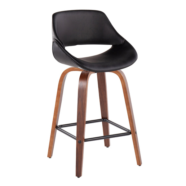 English Elm Fabrico Mid-Century Modern Counter Stool Set Of 2 In Walnut & Black Faux Leather With 360° Swivel B202S00256