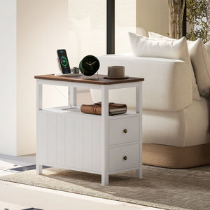 English Elm HOMCOM Narrow End Table with Charging Station, 2 Outlets & USB, 2 Drawers Shelf, Modern White W2225P249995