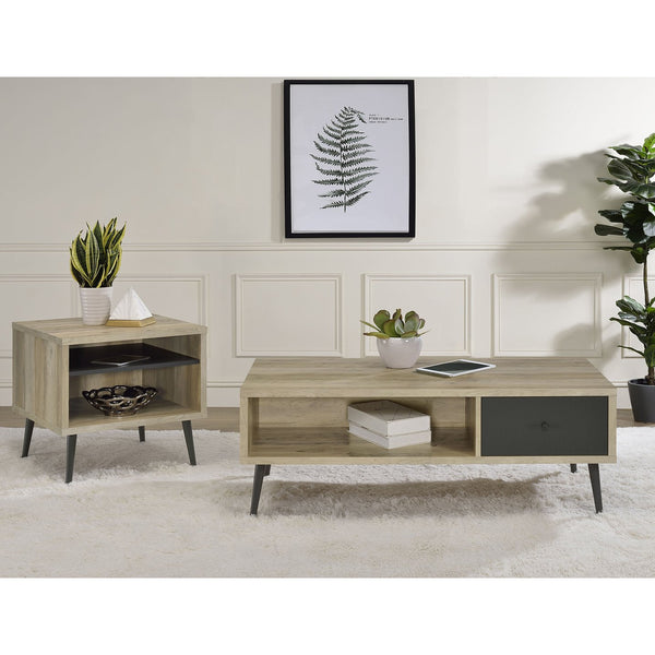 English Elm Balboa Distressed Pine 2-Piece Coffee & End Table Set with Gray Drawer, Open Cubby, Tapered Legs B062S01311