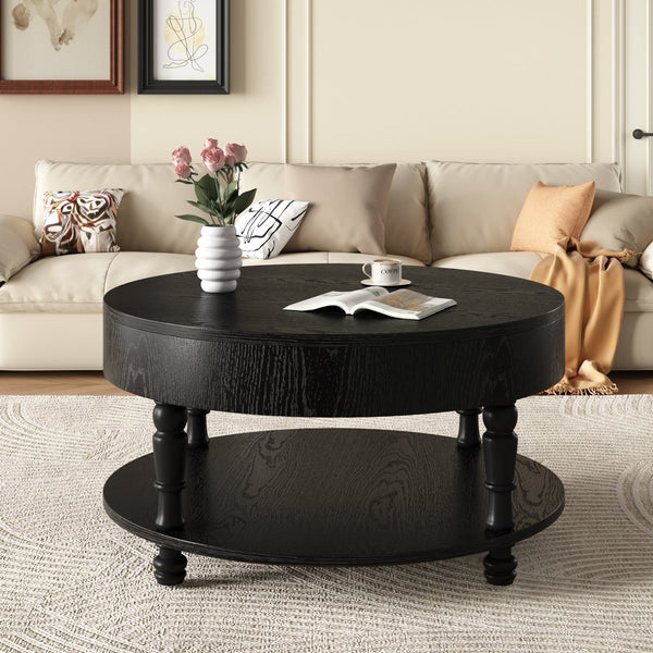 English Elm Coffee Round Flip-Top Coffee Table with Hidden Storage and Open Shelf, Modern Living Room Chest Black W1445P341372
