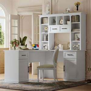 English Elm L-Shaped Corner Desk with 3 Cabinets, 2 Drawers & 11 Shelves, Built-In Power Outlet for Home Office White W1580S00188