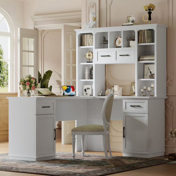 English Elm L-Shaped Corner Desk with 3 Cabinets, 2 Drawers & 11 Shelves, Built-In Power Outlet for Home Office White W1580S00188