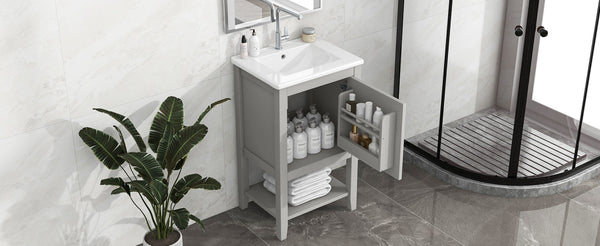 English Elm 20" Matte Freestanding Bathroom Vanity Rubberwood Cabinet Ceramic Sink Open Shelf Grey N725P391115E