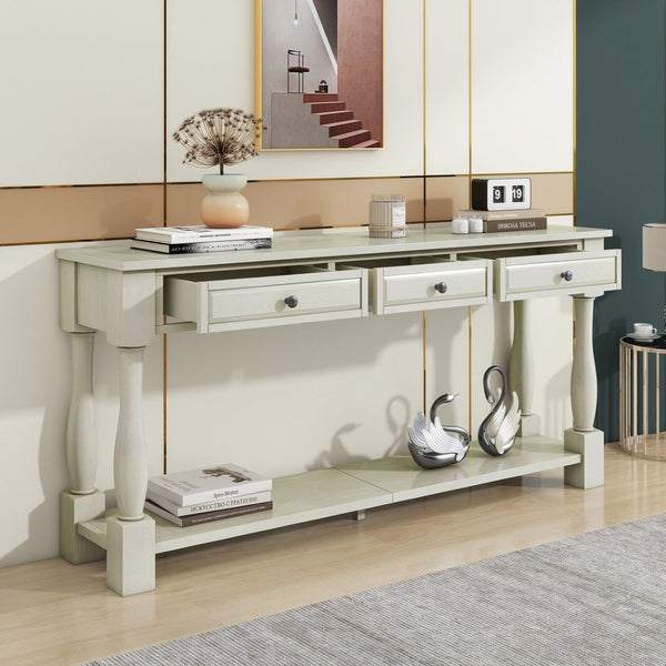 English Elm Trexm Distressed Entryway Console Table Three Drawers Open Shelf Mediterranean Wood Antique White N715P372052K