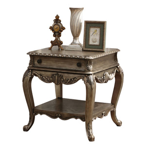 English Elm Vintage Bone White Square End Table with Carved Floral Top, Claw Feet & Scalloped Apron—Elegant Classic Accent, 24.5"H x 28.5"W x 28.5"D Brown B062P189254