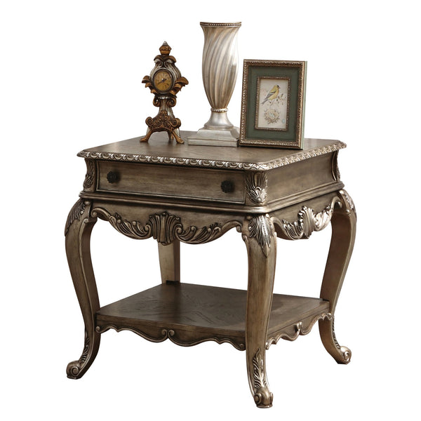 English Elm Vintage Bone White Square End Table with Carved Floral Top, Claw Feet & Scalloped Apron—Elegant Classic Accent, 24.5"H x 28.5"W x 28.5"D Brown B062P189254