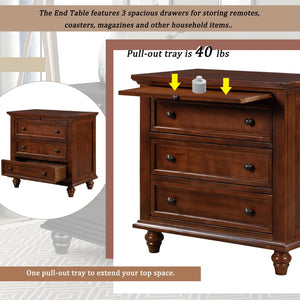 English Elm U_style Minimalist 3 Drawer Nightstand with Pull Out Tray Rubberwood Legs Bedroom Storage Brown WF319367AAD