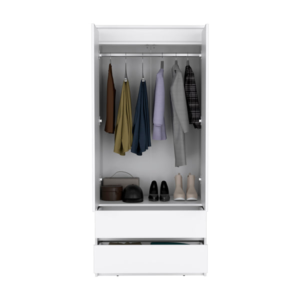 English Elm Armoire, White Engineered Wood Wardrobe with Hanging Rod, Two Deep Drawers & Shoe Shelf, FSC Certified B097S00099