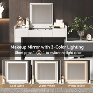 English Elm 3-in-1 Makeup Vanity Desk with Flip Mirror, LED 3-Color Lighting, Expandable Length & Ample Storage Drawers White N844P285298A