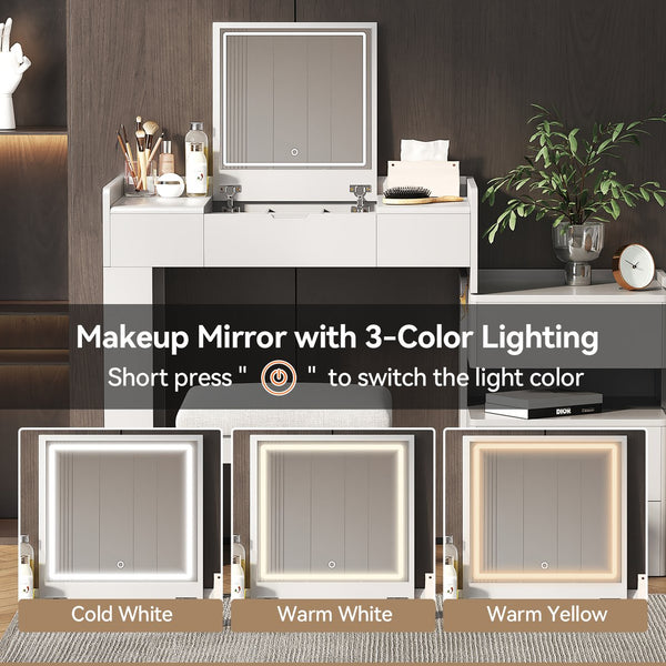 English Elm 3-in-1 Makeup Vanity Desk with Flip Mirror, LED 3-Color Lighting, Expandable Length & Ample Storage Drawers White N844P285298A