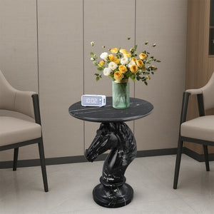 English Elm Horse Head Sculpted Resin End Table with Faux Marble Top for Bold Living Rooms Black W5398P454679