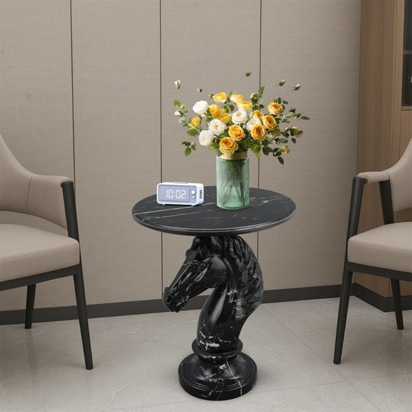 English Elm Horse Head Sculpted Resin End Table with Faux Marble Top for Bold Living Rooms Black W5398P454679