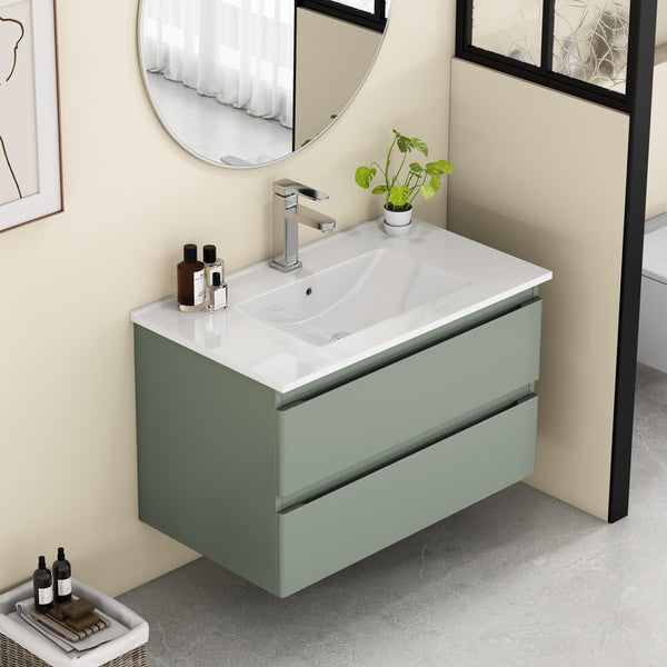English Elm 32-Inch Wall-Mounted Bathroom Vanity With Integrated Ceramic Sink, Soft-Close Drawers & Modern Green Finish W3151S00044