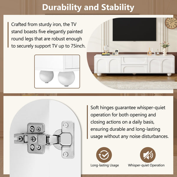 English Elm ON-TREND Cream TV Stand 69.6” with Arched Doors, 2 Drawers, Rebound Soft-Close & Stylish Round Legs White N721P205779K