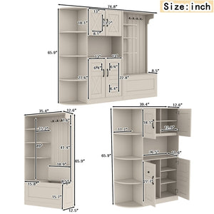English Elm Multifunctional Modular Hall Tree Cabinet with Open Shelves and Hooks for Entryway Beige W1580S00565