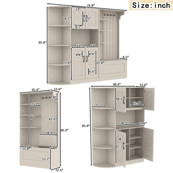 English Elm Multifunctional Modular Hall Tree Cabinet with Open Shelves and Hooks for Entryway Beige W1580S00565