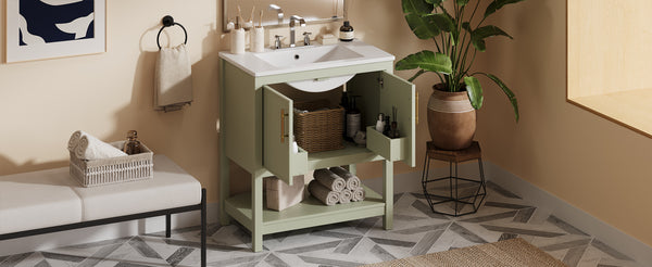 English Elm 30-Inch Green Bathroom Vanity With Ceramic Sink, Elegant Design, Smart Storage For Small Spaces WF325888AAF