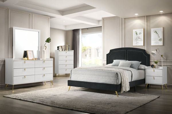 English Elm White Five-Drawer Chest with Metal Legs, Knob Handles, Durable Storage Organizer for Bedroom Elegance B062P209053