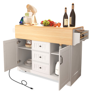 English Elm K&K Convertible 55.7" Folding Kitchen Island Cart with Power Outlet, Spice Rack, 5 Wheels, Multi-Use White N707P186617W