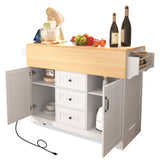 English Elm K&K 55.7'' Large Kitchen Island With 2 Drop Leaf,, Rolling Kitchen Cart On 5 Wheels With Power Outlet, Folding Storage Dining Table With Spice & Towel Rack , 3 Drawers, For Kitchen, Dining Room,White