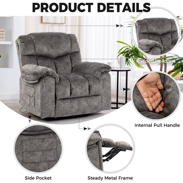English Elm Swivel Recliner Chair with 8-Point Massage, Lumbar Heat, 360° Swivel, Rocking, USB & Cup Holders Grey W1403P172912