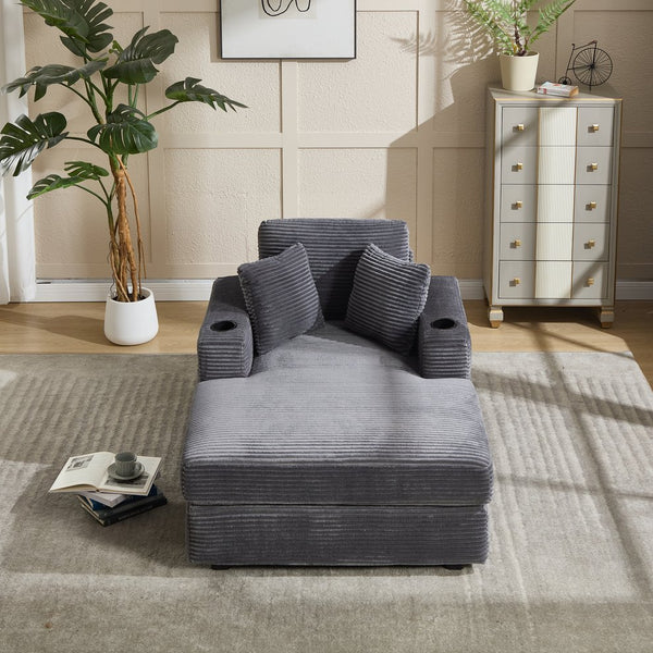 English Elm [New]Corduroy Upholstered Chaise Lounge Sofa with Detachable Cushions, Deep Seat, Cup Holders Grey W2120P322753