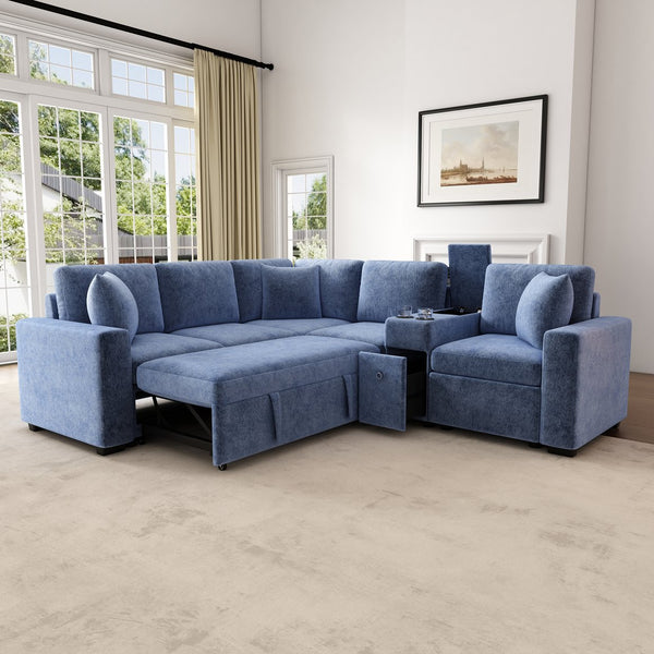 English Elm 120.5" L-shaped Convertible Sofa Bed Modular Sectional with Pull-Out Sleeper, Chenille, Storage, Cup Holders Blue N719S001940C