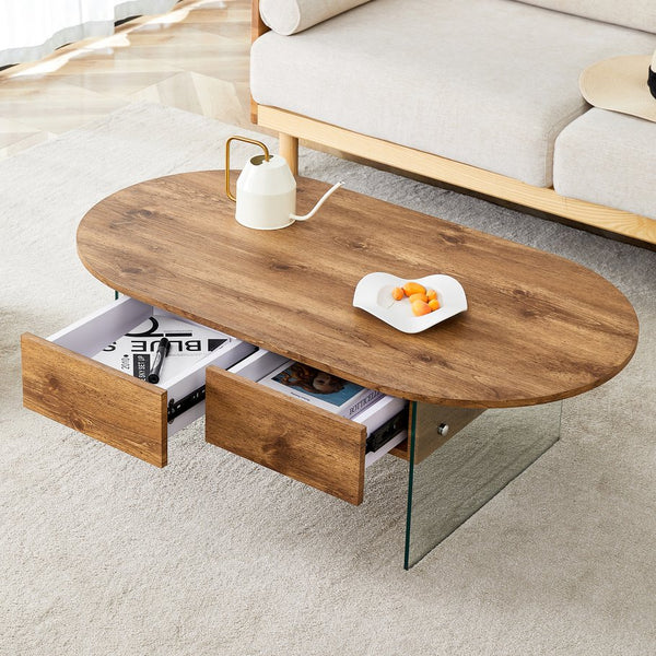 English Elm Coffee modern wood coffee table with double drawers, tempered glass sides, sleek storage & easy assembly W1151P191785